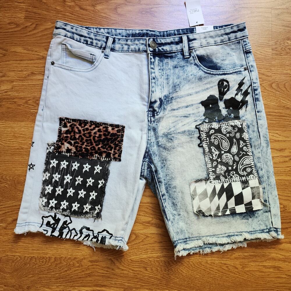 Rue 21 Supreme Flex Acid Wash Distressed Denim Patchwork Shorts Mens Size 38 New